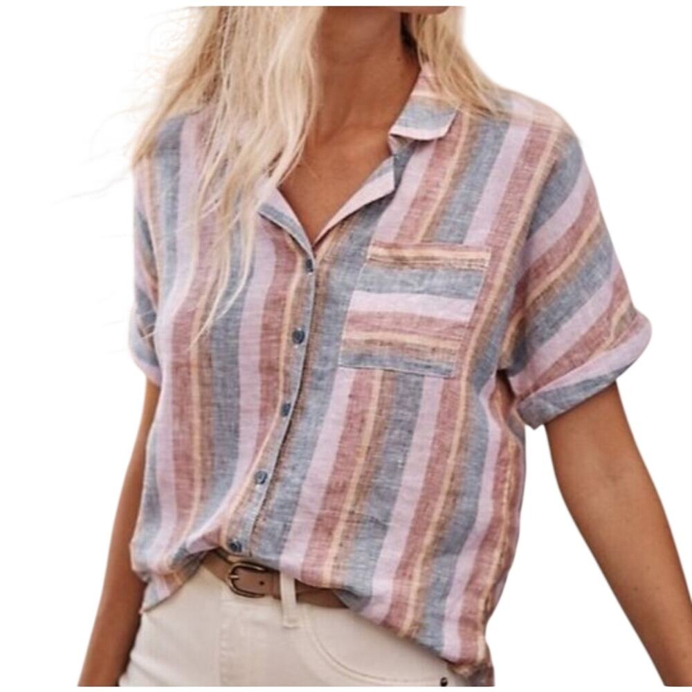 Garnet Hill Womens Linen Pastel Striped Short Sleeve Button Front Shirt Size 16